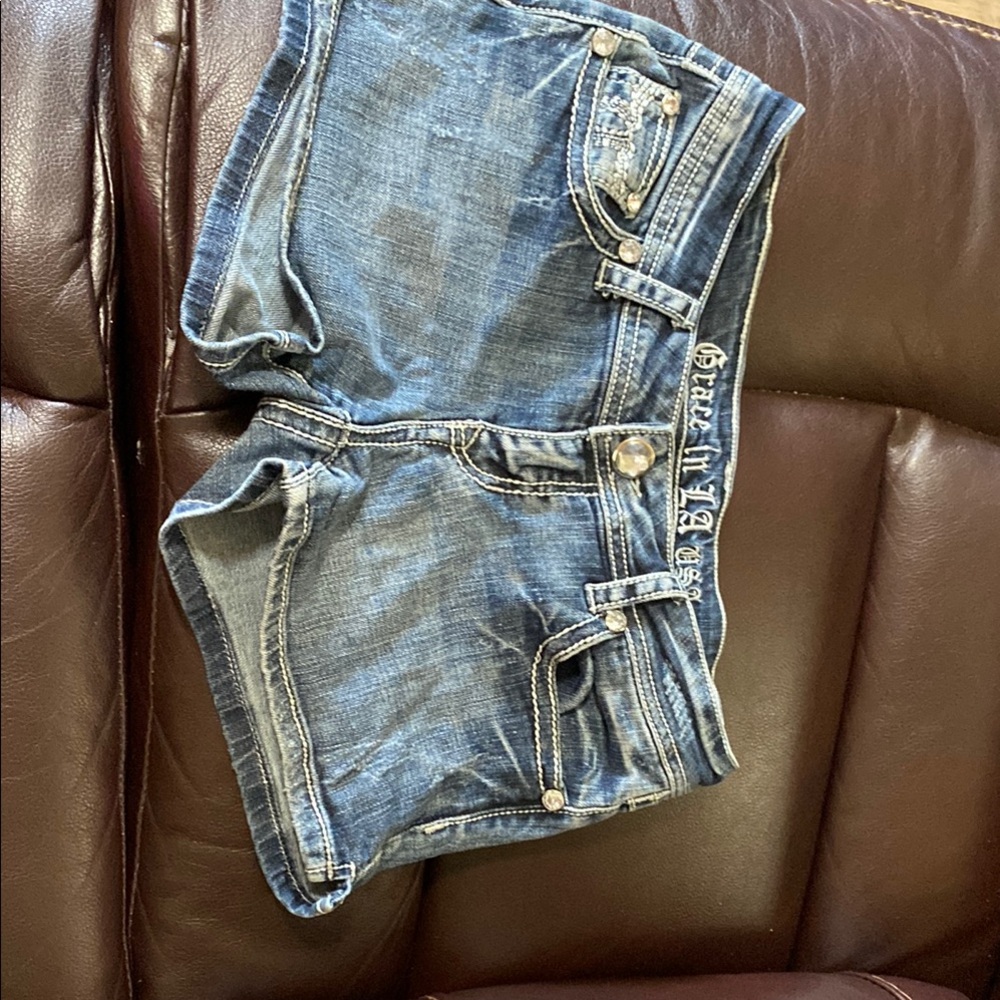 Grace in LA Distressed Blue Denim Shorts